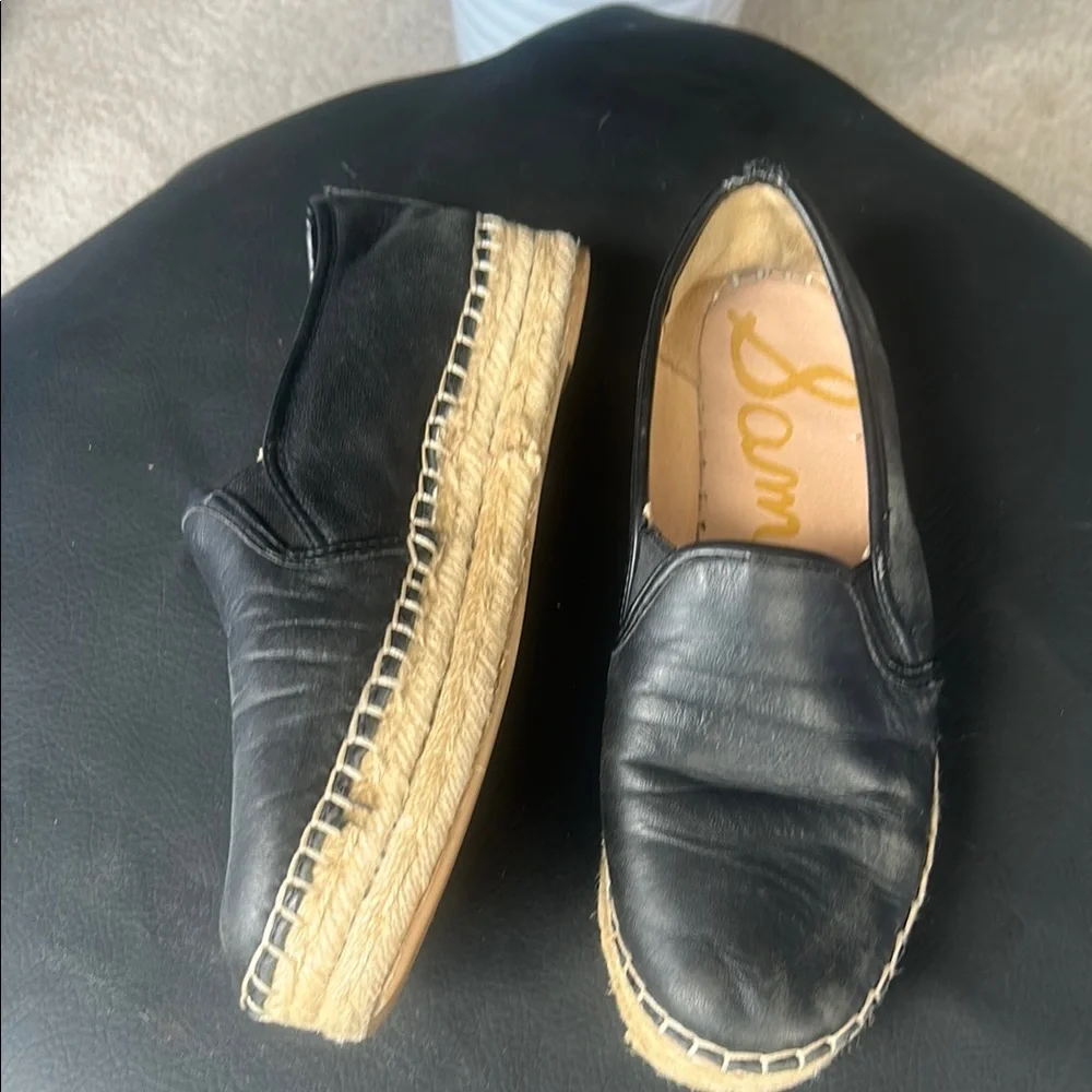(Flaws) Sam Edelman Carrin Black Leather Platform Espadrilles Size 7
